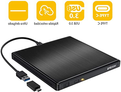Lector CD Externo VicTsing 1.6cm Ultra Slim, USB-C Grabadora DVD Externa, Reproductor de DVD óptico USB 3.0, Compatible con Win10/8/7/XP/Vista/Linux/Mac OS, Plug and Play,Texture Trefilado