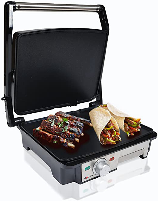 Dalkyo SOGO MB-30 Panini Grill, Parrilla Eléctrica de 2000W, Superficie de 28x22,5cm, Con Placas Antiadherente y 180º abierto, Acero Inoxidable, Plancha Limpieza Fácil Color: Plata