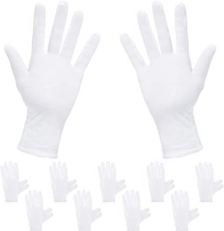 Rovtop 10 Pares Guantes de Tela de Algodón - Guantes Hidratantes Blancos de Algodón para Inspeccionar Joyas, Humectantes para Manos Secas y Trabajo Diario(XL, 9.8 Pulgadas)