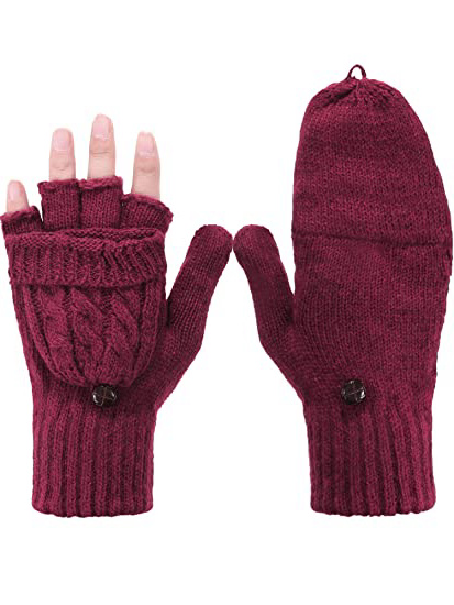 Tatuo Guantes Convertibles Guantes de Punto de Cable Manoplas de Mitad de Dedos con Cubierta para Días Frías