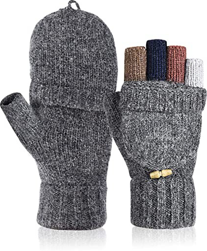 Petrunup Guantes de Conducción Guantes Térmicos sin Dedos de Invierno Mezcla de Lana Punto Flap Mittens Hombres y Mujeres