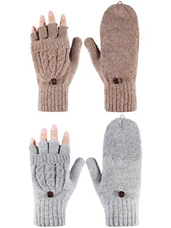 2 Pares de Guantes sin Dedos de Mujeres Manoplas Convertibles de Invierno Guantes de Punto de Mitad de Dedos con Tapa