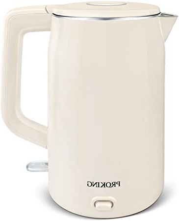 PROKING Hervidor Eléctrico, Hervidor de Agua Hervidor de Acero Inoxidable de 1500 W 1.7L, Diseño de Doble Pared, sin BPA, Hervidor de Té Retro,Base 360º, Filtro Antical, Apagado Automático (Beige)
