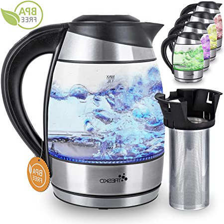 TRESKO Hervidor de Agua Eléctrico de Cristal 1,8L con Iluminación LED | Incluye Filtro de Té & Antical | Acero Inoxidable | 2200W | Temp. Regulable | Desconexión Automática | Libre de BPA