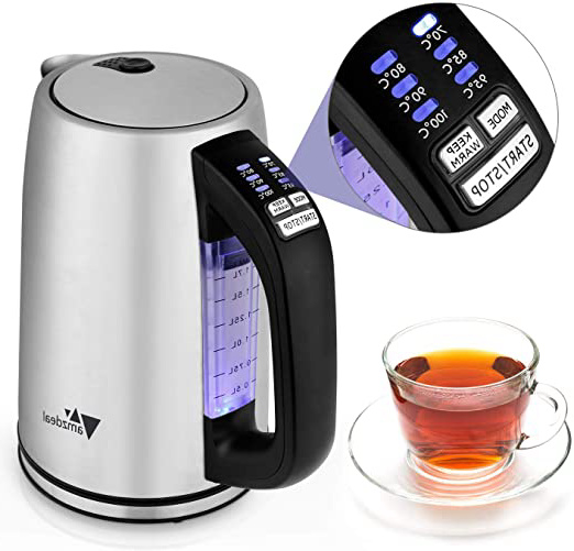 amzdeal Hervidor Eléctrico, 1.7L Hervidor de Té de Acero Inoxidable 304, Temperatura Ajustable 70-100 ℃, Indicador LED, Nivel de Agua Visible, Apagado Automático, 2000W