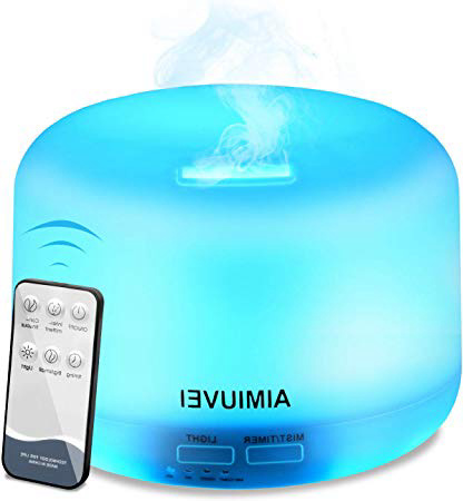 Humidificador Aromaterapia Ultrasónico con Control Remoto, AIMIUVEI Difusor de Aceites Esenciales 300ml,Difusor Aroma de Vapor Frío con 7 Colores de LED y 2 Opciones de Niebla para Bebé Yoga Oficina