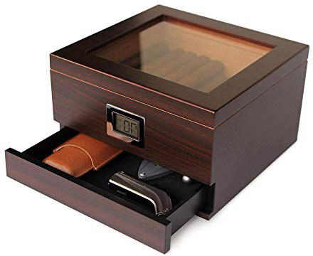 CASE ELEGANCE Humidificador de Cedro Hecho a Mano con Higrómetro Digital Frontal, Solución Humidificadora y Cajón de Accesorios - Capacidad de 25 a 50 cigarros