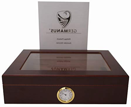 GERMANUS Humidor de Puros "Mensalla" con Higrómetro y Humidificador y el Manual Germanus Libro en Marrón Oscuro
