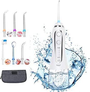Irrigador Bucal, Irrigador Dental Portátil con 6 Boquillas 5 Modos 300ML, Multifuncional Recargable,Profesional Lavado Pulsado,IPX7 Impermeable,Limpieza Dientes de Ortodoncia y Dientes de Implante