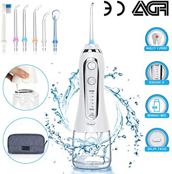 Irrigador Bucal Portátil con 6 Boquillas, Multifuncional 300ml Irrigador Dental, Profesional IPX7 Impermeable Limpieza de Dientes de Ortodoncia y Dientes de Implante, Lavado Pulsado de Dientes
