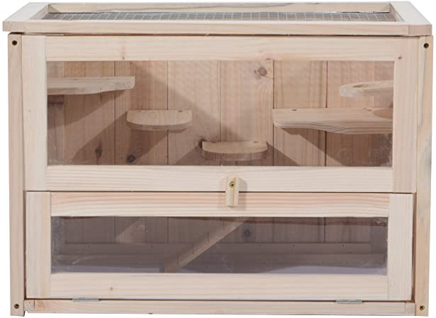 Pawhut Jaula Madera para Hámster Ratoncillos Roedores Casa para Animales Pequeños 2 Niveles 60x35x42cm