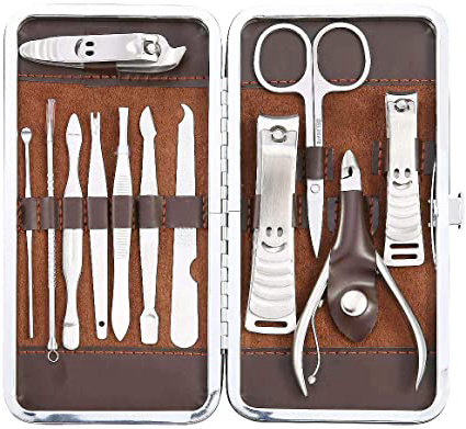 Abody - Lote de cortauñas y tijeras para manicura y pedicura (12 piezas) con estuche de piel marrón