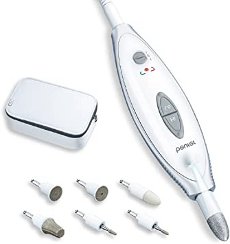 Beurer MP-41 - Set manicura y pedicura profesional, 7 accesorios incluidos, luz LED brillante, rotación hacía derecha/izquierda, 2 velocidades, color blanco