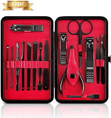 NASUM Profesional Set de Manicura Pedicura, Cortaúñas Hecho de Acero Inoxidable - Juego Completo de 16 Piezas para Manicura y Pedicura Limpiador Cutícula, con Caja de Cuero