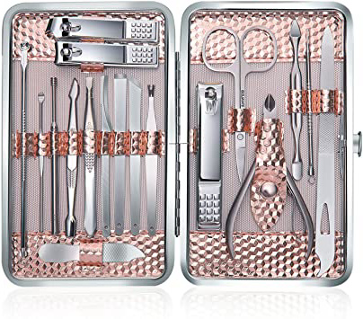 Profesional Cortaúñas Acero Inoxidable Grooming Kit - Set de 18 Piezas para Manicura y Pedicura Limpiador Cutícula con Bonita Caja (Oro rosa)