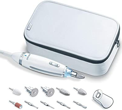 Beurer MP62 - Set manicura pedicura Profesional, luz LED, 10 accesorios incluidos, velocidad ajustable, giro hacía derecha/izquierda, color blanco
