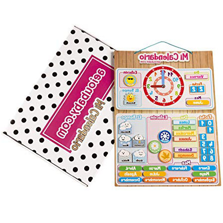 aeioubaby.com Calendario Reloj Magnético Infantil, Juego Educativo Fecha Tiempo y Hora para Pared o Frigorífico, 43x32cm. Caja Cumpleaños de niños en Colegio o Guardería (Español)