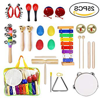 ULIFEME Instrumentos Musicales para Infantil, 25pcs Juguetes Músicales de Percusion para Bebes, Xilófono Madera Set de Instrumentos Musicales para Niños Juegos Musical con Una Bolsa de Transporte
