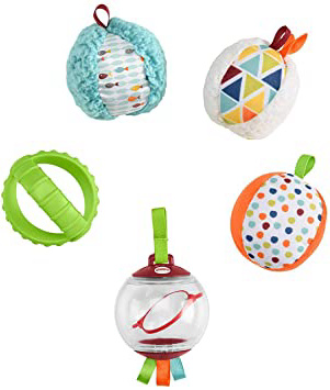 Fisher-Price - Bolitas Blandas Activity, 5 Bolas de Juguete para Estimulación de los Sentidos del Bebé Recién Nacido (Mattel FXC32)