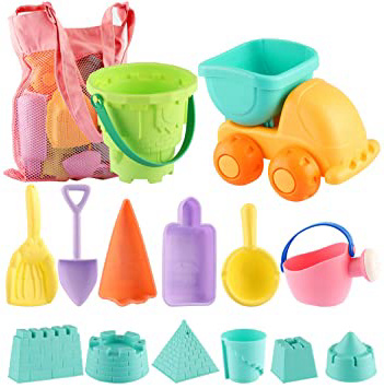 SHANNA Juguetes de Nieve, Juguetes de Playa para niños, Juego de Juguetes de Playa y Arena para niños con moldes de Bucket Castle y Bolsa de Malla Material plastico Blando (Chica 14 Piezas)