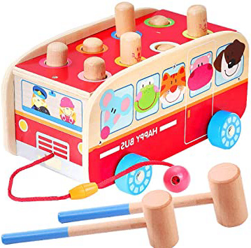 Vanplay Juguetes de Martillo de Madera Golpea Topo Juego Bebe Arrastre Bus de Animales Juguete para Niños 18 Meses