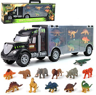 Dinosaurio del Juguete Camión de Transporte Transportador Coches con 12 Figuras de Juego de Dinosaurios de Dinosaurio Plásticos Educativo Juguete para Niños (Tamaño del camión: 39 cm * 8,5 cm * 12 cm)