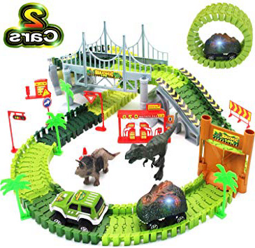 Dinosaurio del juguetes circuito de flexible pista de carreras con dinosaurios, vehículos militares, coche dinosaur, árboles, pendientes, puerta y puente colgante, regalo para niños 2 3 4 5 años