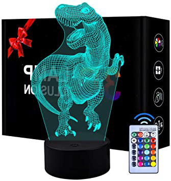 Luz de Noche de Dinosaurio LED 3D Patrón 3 y lámpara de decoración de Cambio de Color 7 con Control Remoto para niños niñas niños