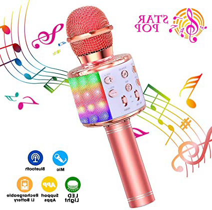 ShinePick Micrófono Karaoke Bluetooth, 4 en1 Microfono Inalámbrico Karaoke Portátil con Luces LED para Niños Canta Partido Musica, Compatible con Android/iOS PC, AUX o Teléfono Inteligente (Oro rosa)