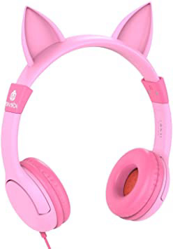 Auriculares para niños, iClever Volumen Limitado Cascos para niños sobre el oído Auriculares para bebés con diseño estéreo Ajustable Cat para Tablets iPhone iPad PC MP3, Regalos para niña, Rosa