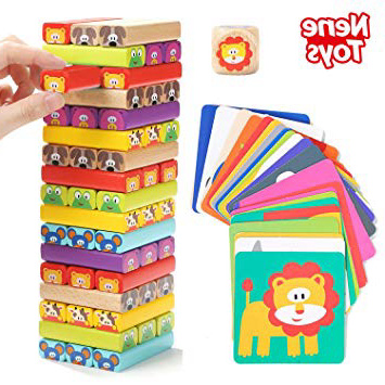 Nene Toys - Torre de Bloques de Madera 4 en 1 con Colores y Animales – Juguete Educativo para Niños Niñas de 4 a 8 años – Juego de Mesa Infantil ideal como Regalo para Compartir entre Padres e Hijos