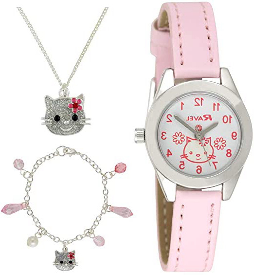 Ravel Children's Joyero: Reloj con brillantes e ilustraciones de gatitos, pulsera y collar a juego, presentado en caja