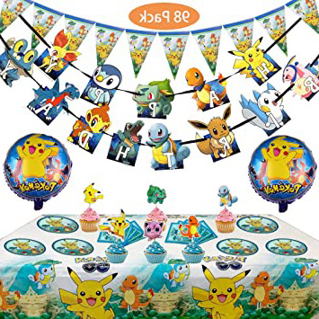 Pokemon Kids Birthday Party Decoration 98 Piezas Cartoon Anime Theme Artículos para Fiesta de Cumpleaños Platos, Tazas, Servilletas, Manteles con Paquete de Globos Gratis
