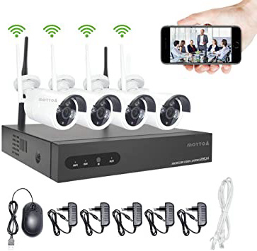960P Kit Camaras Seguridad Vigilancia WiFi Aottom WiFi Kit Videovigilancia, Sistemas de Seguridad Inalambrico (4CH 1080P NVR+4 IP Cámaras), Visión nocturna, Detección De movimiento, P2P, IP66, sin HDD