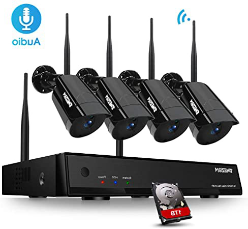 TMEZON Sistema de cámara de Seguridad inalámbrica 8CH con Audio, cámara Tipo Bala 4 * 1080P, Kit de cámara CCTV IP WiFi NVR, Disco Duro de 1TB