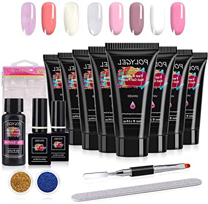 Poly Gel Para Uñas Kit, MYSWEETY 8 Color Rosa Blanco Polygel para Pintauñas Esmalte, con Capa superior y Capa base, Utensilios, 100 Piezas Uña Falsa