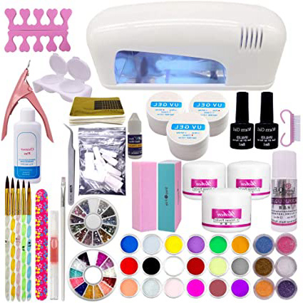 Set profesional de artículos para la decoración de uñas; polvo de acrílico, 24 colores, gel UV, lámpara blanca UV de secado, estrás.