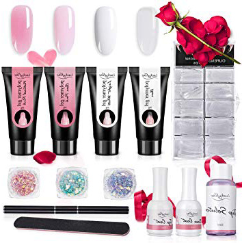 Luckyfine Polygel Uñas Kit, Extensión de Uñas Kit, Esmaltes de Gel Uñas Semipermanente, 4 x Polygel para Pintauñas, 1 x Top Coat, 1 x Base Coat, 100 x Tips, 1 x Limpiador de Uñas, 1 x Pincel