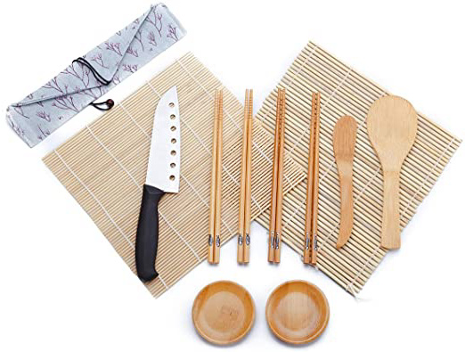 WeeDee Kit para Hacer Sushi de Bambú 12 Piezas - 2 x Esterillas, 1 x Paleta de Arroz, 1 x Esparcidor de Arroz, 4 Pares de Palillos , 1 x Sushi Cuchillo , 2 x Plato Pequeño