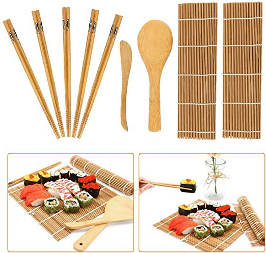Kit de fabricación de sushi de bambú, 9 piezas, alfombrilla de bambú para sushi, incluye 2 alfombrillas de bambú para rodar, 5 pares de palillos de picar, 1 pala de arroz, 1 separador de arroz