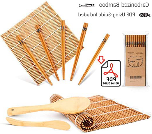 Set de 9 utensilios de bambú para hacer sushi, con 2 alfombrillas, 5 pares de palillos, espátula y esparcidor, guía para principiantes (PDF) (idioma español no garantizado)