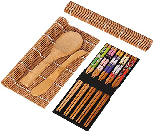 BESTONZON 15pcs kit de sushi de bambú que hace con 2 cintas de correr 5 pares de palillos de arroz paddle rice spreader