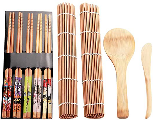 Kit de fabricación de sushi de bambú 13Pcs/set, esteras de sushi, cuchilla de sushi, 5 pares de palillos, cuchara, kit de sushi para principiantes