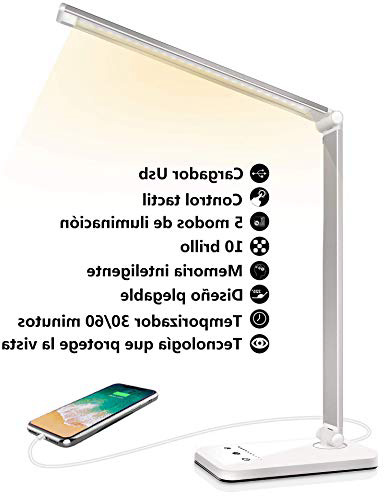 Lámpara Escritorio LED, Flexo de Escritorio (Cuidado Ocular, Puerto USB, 5 Modos,10 Niveles de Brillo,Temporizador de 30/60min, Función de Memoria)