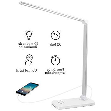 AUELEK Lámpara Escritorio LED, Lámparas de Mesa USB Recargable con Temporizador 5 * 10 Modos de Brillo, 52 SMD Leds, 2000mAh Flexo Escritorio Luz con Diseño Giratorio/Control Táctil (Plata)
