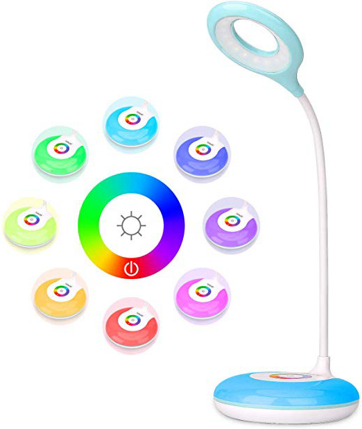 Lámpara de escritorio táctil By Mafiti. Lámpara de mesa LED regulable en intensidad y cuello de cisne flexible. Protección LED para los ojos. Base multicolor ambiental. 4W. Blanco