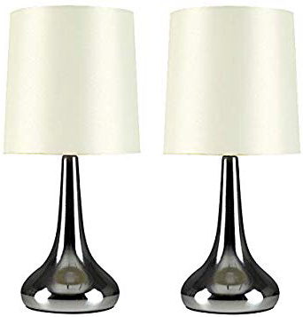 MiniSun - Set de 2 Lámparas de Mesa Táctiles - Forma de Gota – Cromadas y Pantallas de Tela Crema - Iluminación interior - Mesilla de noche