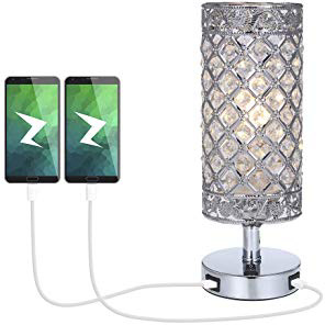 Lámpara de Mesa de cristal,Tomshine Lámpara Mesilla de Noche, Doble USB Recargable, Pantalla de Lámpara Plateada con Cristal K5,para Sala de Estar, Dormitorio, Comedor