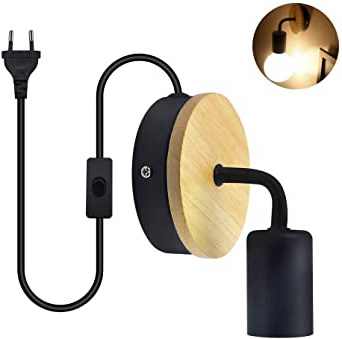 Bonlux Negro E27 Led Lámpara Vintage Retro de Pared, Portalámpara E27 con Interruptor, Lámpara Industrial Lofty para Exterior, Interior (con EU Enchufe, sin Bombilla)