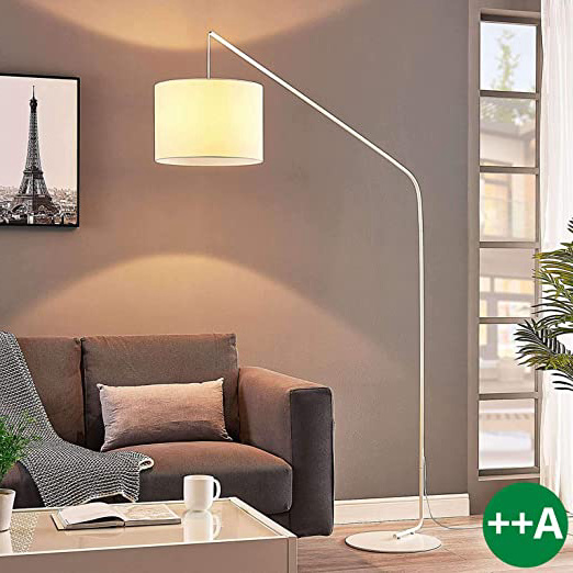 Lámpara de pie 'Viskan' (Moderno) en Blanco hecho de Textura, Tela, Tejido, Seda e.o. para Salón & Comedor (1 llama, E27, A++) de Lindby | lámpara de arco, lámpara de pie